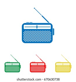 Radio icon, Receiver. Vector. Big blue flat icon with red, green and yellow small icons at white background. Isolated.