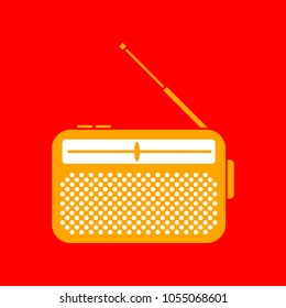 Radio icon, Receiver. Vector. Orange icon with white holes if exist at red background. Isolated.