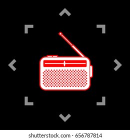 Radio icon, Receiver. Vector. White icon in gray focus like mandala on black background.