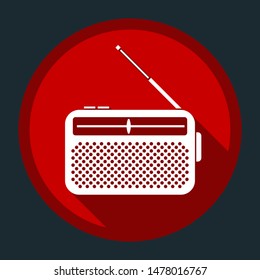 Radio icon, Receiver. White icon with shadow on round red button at dark cyan background. Illustration.