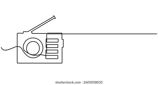  Radio. Icon with reflection on white background, Continuous one line drawing a vintage radio with a telescopic antenna sits on table. The versatility and adaptability of radio. Timeless. World Radio.