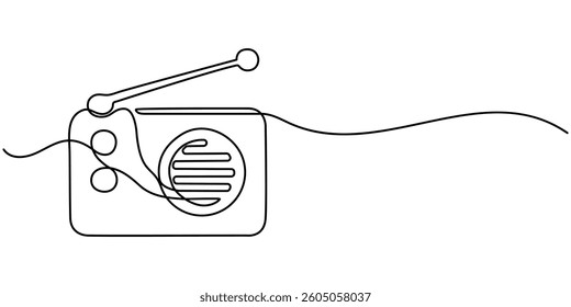  Radio. Icon with reflection on white background, Continuous one line drawing a vintage radio with a telescopic antenna sits on table. The versatility and adaptability of radio. Timeless. World Radio.