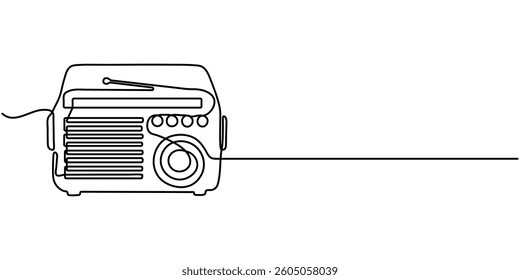  Radio. Icon with reflection on white background, Continuous one line drawing a vintage radio with a telescopic antenna sits on table. The versatility and adaptability of radio. Timeless. World Radio.