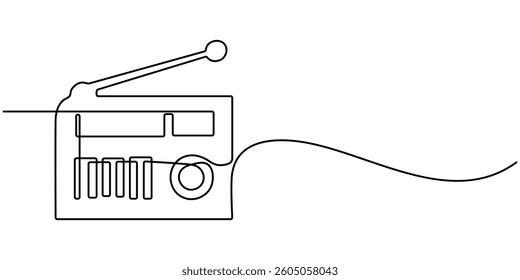 Radio. Icon with reflection on white background, Continuous one line drawing a vintage radio with a telescopic antenna sits on table. The versatility and adaptability of radio. Timeless. World Radio.