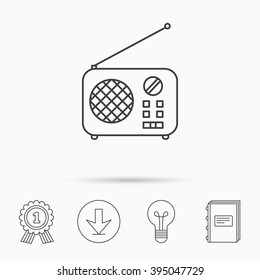Radio icon. Retro musical receiver sign. Download arrow, lamp, learn book and award medal icons.