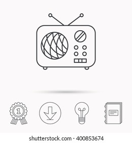 Radio icon. Retro musical receiver sign. Download arrow, lamp, learn book and award medal icons.