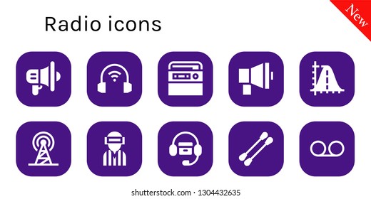 radio icon set. 10 filled radio icons.  Collection Of - Megaphone, Headphones, Radio, Parabola, Signal, Player, Earbuds, Voice message