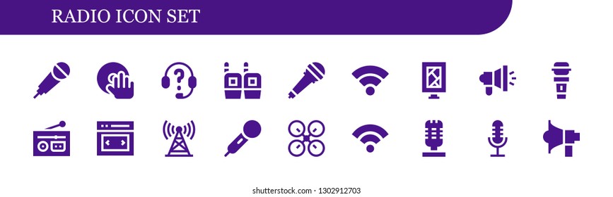  radio icon set. 18 filled radio icons.  Simple modern icons about  - Karaoke, DJ, Headphones, Walkie talkie, Microphone, Wifi, Billboard, Megaphone, Radio, Slider, Tower, Drone