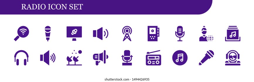 radio icon set. 18 filled radio icons.  Simple modern icons about  - Wifi, Microphone, News report, Volume, Antenna, Recorder, News reporter, Music album, Headphones, Satellite dish