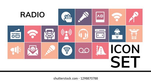  radio icon set. 19 filled radio icons. Simple modern icons about  - DJ, Radio, Megaphone, Communication, Microphone, Wifi, Voice message, Parabola, Wifi signal, Signal, Headphones
