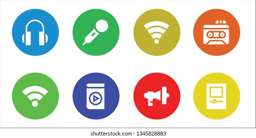 radio icon set. 8 filled radio icons.  Simple modern icons about  - Headphones, Wifi, Microphone, Media player, Megaphone, Recorder, Mp player