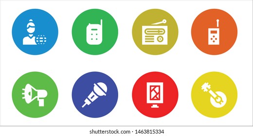 radio icon set. 8 filled radio icons.  Simple modern icons about  - News reporter, Megaphone, Baby monitor, Microphone, Radio, Billboard, Walkie talkie, Banjo