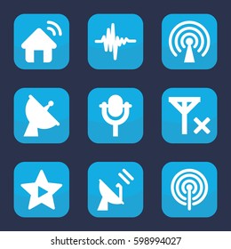 radio icon. Set of 9 filled radio icons such as satellite, microphone, music equalizer, favorite music, signal, house signal