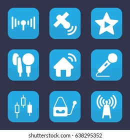 Radio icon. set of 9 filled radio icons such as microphone, favorite music, signal, satellite, house signal, transmitter