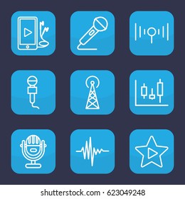 Radio icon. set of 9 outline radio icons such as signal tower, microphone, music equalizer, phone and earphones, favorite music, signal