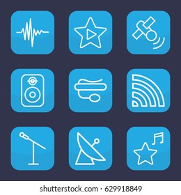 Radio icon. set of 9 outline radio icons such as satellite, pin microphone, wi-fi, music equalizer, favorite music, speaker
