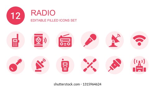 radio icon set. Collection of 12 filled radio icons included Walkie talkie, Recording, Radio, Karaoke, Satellite dish, Banjo, Earbuds, Wifi, Signal