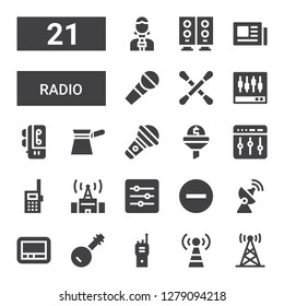 radio icon set. Collection of 21 filled radio icons included Antenna, Signal tower, Walkie talkie, Banjo, Pager, Signal, Levels, Filter, Microphone, Voice recorder, Earbuds, News