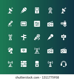 radio icon set. Collection of 25 filled radio icons included Headphones, Signal tower, Recorder, Slider, Antenna, Radio, Signal, Wifi, Karaoke, Microphone, Filter, Levels, Pager
