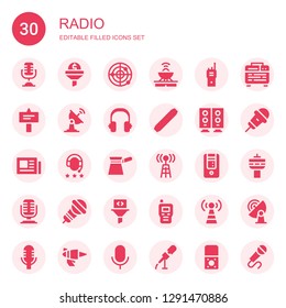 radio icon set. Collection of 30 filled radio icons included Microphone, Filter, Radar, Antenna, Walkie talkie, Signal, Satellite dish, Headphones, Level, Woofer, News, Radio antenna