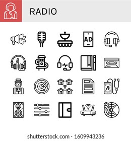 radio icon set. Collection of Speaker, Advertising, Microphone, Antenna, Ad, Headphone, Headphones, Slider, Journal, Cassette, Journalist, Radar, Wireless, Press, Music player icons