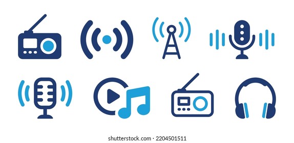 Funksymbol-Set. Mit Vintage Radio, Live, Antennen, Mikrofon, Musik und Headset Symbol. Vektorgrafik.