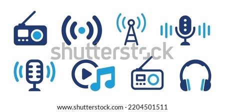 Radio icon set. Containing vintage radio, live, antennae, microphone, play music and headset icon. Vector illustration.