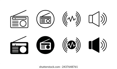 Radio icon set. Electronic devices icons. Containing speaker, sound wave, and radio button. Vector illustration