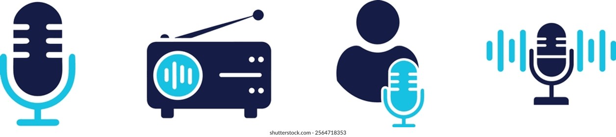 Radio icon set set. radio, live, antennae, microphone, play music, You can easily change the color