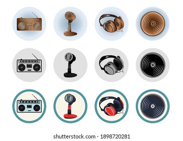 radio icon set on gradient, black and white, colour  versions on white background