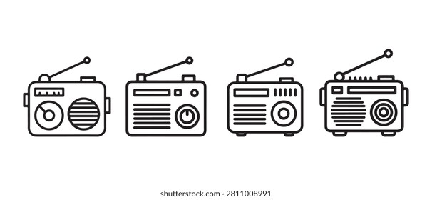 Radio icon set. Vintage and modern portable radio receiver line art symbols for media broadcasting.
