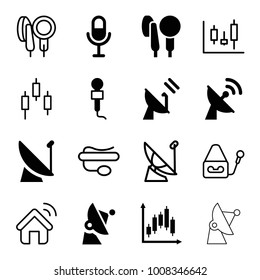 Radio icons. set of 16 editable filled and outline radio icons such as microphone, satellite, panel control, control panel, pin microphone