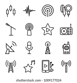 Radio icons. set of 16 editable outline radio icons such as signal tower, microphone, control panel, transmitter, signal, radio, music equalizer, phone and earphones