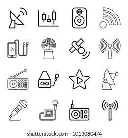 Radio icons. set of 16 editable outline radio icons such as signal tower, panel control, radio, microphone, favorite music, speaker, satellite, signal, wi-fi