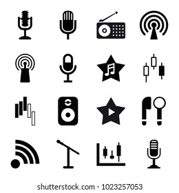 Radio icons. set of 16 editable filled radio icons such as microphone, panel control, control panel, signal, speaker, radio, wi-fi