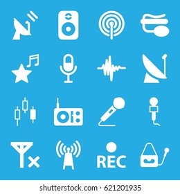 Radio icons set. set of 16 radio filled icons such as microphone, pin microphone, rec, music equalizer, favorite music, speaker, signal, satellite, no signal, radio
