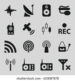 Radio icons set. set of 16 radio filled icons such as signal tower, radio, signal, pin microphone, wi-fi, microphone, rec, music equalizer, speaker, satellite, no signal