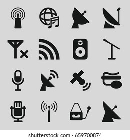 Radio icons set. set of 16 radio filled icons such as signal tower, satellite, signal, microphone, pin microphone, wi-fi, international music, speaker