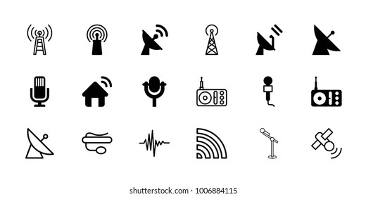 Radio icons. set of 18 editable filled and outline radio icons: satellite, microphone, radio, signal, house signal, signal tower, transmitter, pin microphone, wi-fi