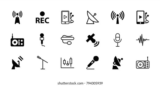 Radio icons. set of 18 editable filled and outline radio icons: radio, microphone, rec, phone and earphones, satellite, panel control, pin microphone, music equalizer