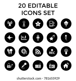 Radio icons. set of 20 editable filled radio icons such as signal tower, panel control, transmitter, microphone, signal, wi-fi. best quality radio elements in trendy style.