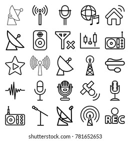 Radio icons. set of 25 editable outline radio icons such as signal tower, satellite, microphone, panel control, radio, pin microphone, rec, music equalizer, favorite music
