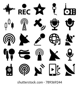 Radio icons. set of 25 editable filled radio icons such as satellite, control panel, microphone, radio, signal, pin microphone, rec, music equalizer, phone and earphones