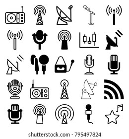 Radio icons. set of 25 editable filled and outline radio icons such as signal tower, microphone, signal, wi-fi, satellite, panel control, radio