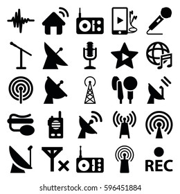 radio icons set. Set of 25 radio filled icons such as signal tower, satellite, radio, signal, pin microphone, rec, microphone, music equalizer, phone and earphones
