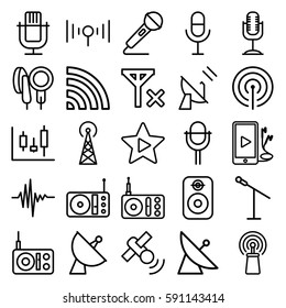 radio icons set. Set of 25 radio outline icons such as signal tower, satellite, radio, signal, microphone, wi-fi, music equalizer, phone and earphones, favorite music, speaker