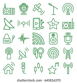Radio icons set. set of 25 radio outline icons such as signal tower, satellite, microphone, radio, signal, wi-fi, music equalizer, phone and earphones, favorite music, speaker