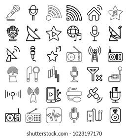 Radio icons. set of 36 editable outline radio icons such as satellite, microphone, transmitter, radio, wi-fi, phone and earphones, favorite music, international music, signal