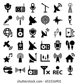 Radio icons set. set of 36 radio filled icons such as signal tower, satellite, microphone, radio, signal, pin microphone, rec, music equalizer, phone and earphones