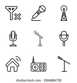 Radio icons. set of 9 editable outline radio icons such as signal tower, microphone, radio, house signal